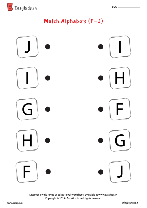 English worksheet for Pre Primary - Matching letters F - J