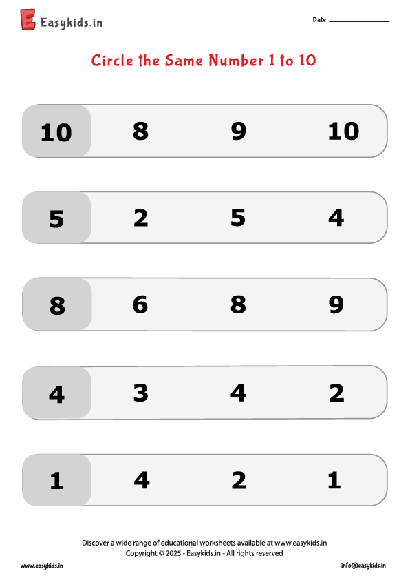 Kindergarten Worksheet – Circle the Same Number 1 to 10