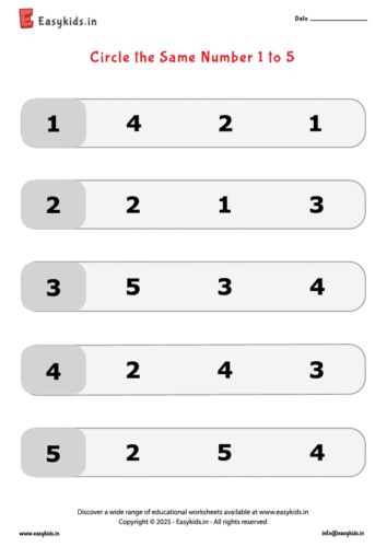 Kindergarten Worksheet – Circle the Same Number 1 to 5