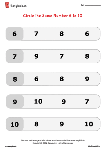 Kindergarten Worksheet – Circle the Same Number 6 to 10