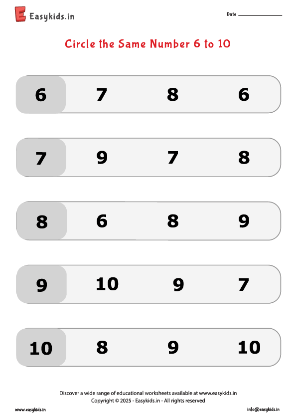 Kindergarten Worksheet – Circle the Same Number 6 to 10