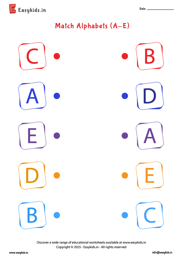 Matching Alphabets - Preschool English Worksheet A - E