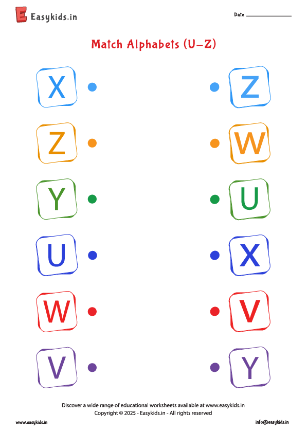 Matching Alphabets - Preschool English Worksheet U - Z