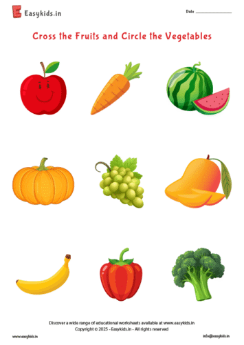 Preschool Activity Worksheet –Cross the Fruits and Circle the Vegetables