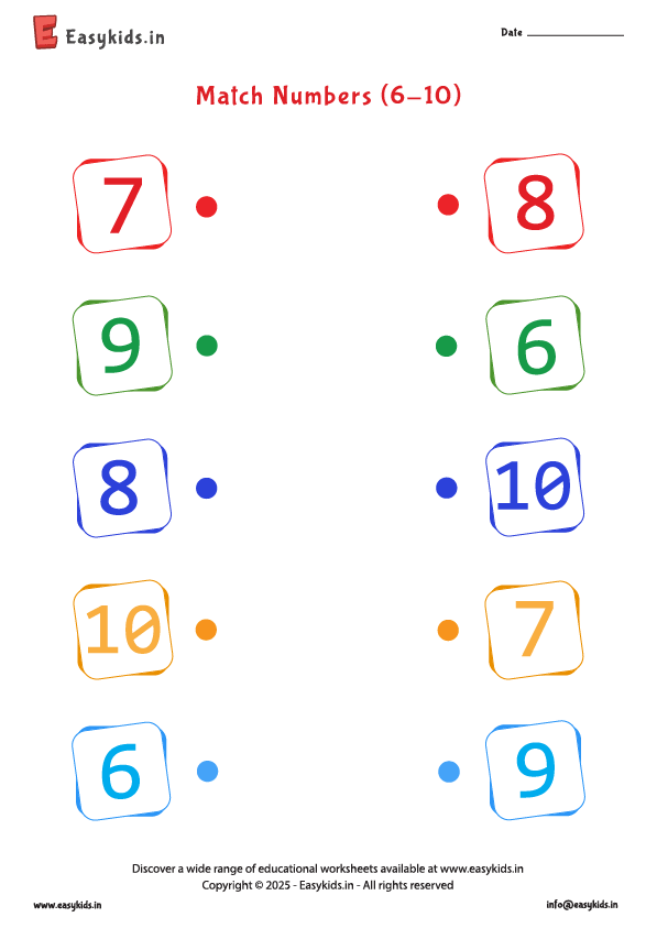 Preschool Math Worksheets - Matching Numbers 6-10